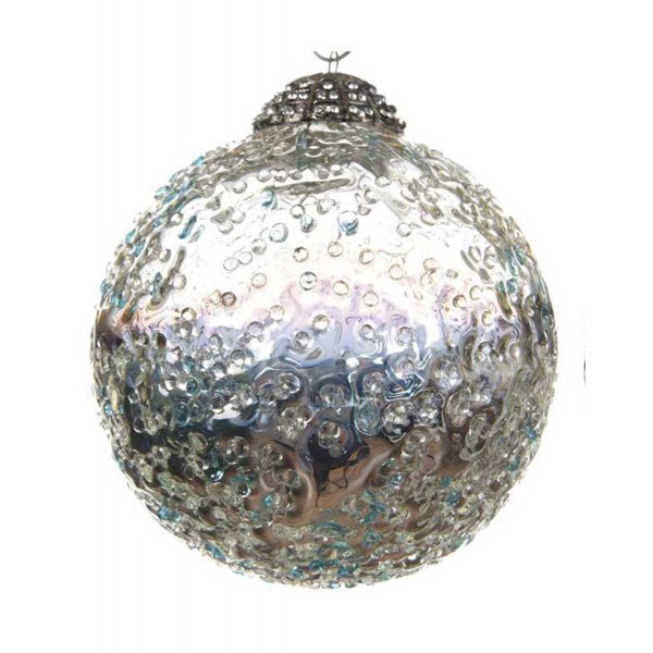 Χριστουγεννιάτικη Γυάλινη Μπάλα Ασημί Μεταλιζέ, Ανάγλυφη (10cm)